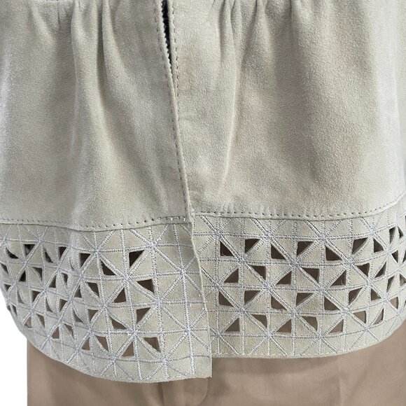 Elie Tahari Suede Embroidered Top Small Laser Cut Boho Western Luxe Beige - Picture 10 of 14